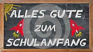 SCHULANFANG Hintergrund - Alte rustikale Schultafel Kreidetafel, mit altem rustikalem Holzrahmen, und der Aufschift: ALLES GUTE photo