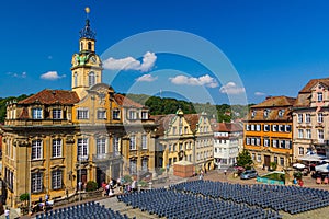 SCHWABISCH HALL, GERMANY - AUGUST 30, 2019: Town hall at Marktplatz (Market Square) in Schwabisch Hall, Germa