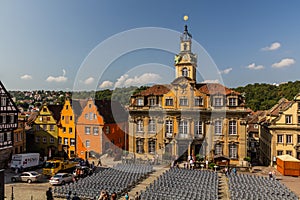 SCHWABISCH HALL, GERMANY - AUGUST 30, 2019: Town hall at Marktplatz (Market Square) in Schwabisch Hall, Germa