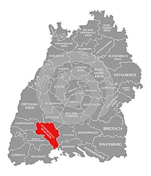 Schwarzwald-Baar-Kreis county red highlighted in map of Baden Wuerttemberg Germany