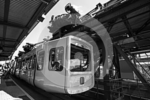 Schwebebahn train in wuppertal germany black and white