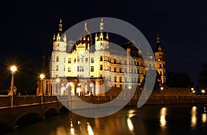 Schwerin Castle (Schweriner Schloss) at night, Germany