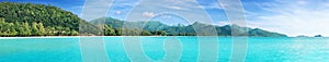 Beautiful tropical Thailand island panoramic with beach, white sea and coconut palms