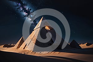 Sci-fi 3D Render of Egyptian Pyramids in the Desert at Night, Ancient Civilization