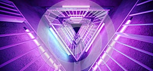 Sci Fi Alien Hi Tech Vibrant Realistic Triangle Shaped Metal Construction With Neon Glowing Ultraviolet Purple Blue Lights Grunge