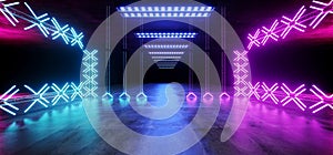 Sci Fi Asphalt Futuristic Dance Stage Empty Metal Construction Structure Tunnel Underground Show Neon Glowing Laser Led Vibrant