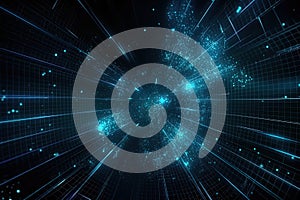 Sci-fi background of glowing particles with depth of field. Network connection. Generative AI