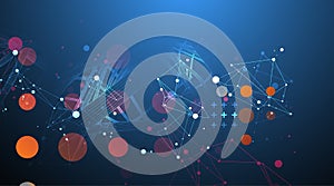 Sci-fi background. Wireframe dynamic pipes with the use of colored plexus effect and hexagons