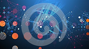 Sci-fi background. Wireframe dynamic pipes with the use of colored plexus effect and hexagons