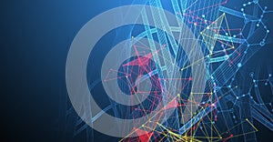 Sci-fi background. Wireframe dynamic pipes with the use of colored plexus effect and hexagons