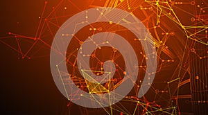 Sci-fi background. Wireframe dynamic pipes with the use of colored plexus effect and hexagons