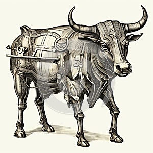 Sci-fi Baroque Bull Drawing With Mechanical Equipment