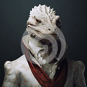 Sci-fi Baroque Lizard Head In Exquisite White Suit