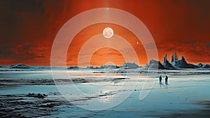 Sci-fi Beachscape With Glowing Moon - Planar Art