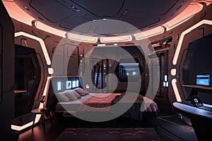 sci-fi bedroom with hovering spaceship serving as nightlight, providing soft light and music