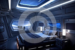 sci-fi bedroom with hovering spaceship serving as nightlight, providing soft light and music