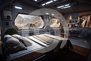sci-fi bedroom, with view of distant star systems, and spacecraft ready for takeoff