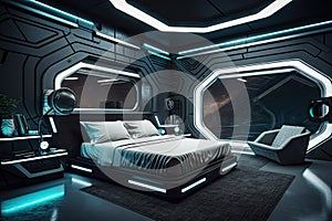 sci-fi bedroom with view of the stars and futuristic elements