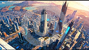 Sci-fi cityscape at sunny day. Futuristic metropolis. AI generated illustration