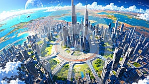 Sci-fi cityscape at sunny day. Futuristic metropolis. AI generated illustration