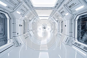 Sci-fi corridor in a space ship or futuristic structure with glossy reflective walls and transparent glass - Generative Ai