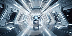 Sci-fi corridor in a space ship or futuristic structure with glossy reflective walls and transparent glass - Generative Ai