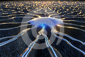A sci-fi 3D background of an artificial intelligence hub, featuring a glowing blue neural network