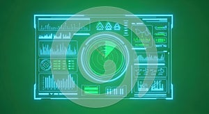 Sci-Fi Digital Interface: Glowing Cyan Radar & Data on Green Screen