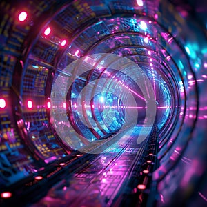 Sci-fi digital tunnel with pulsating light speeds, journey through technological core network photo