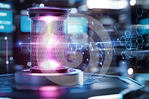 A sci-fi energy core in a high-tech laboratory, surrounded by floating hexagonal containment fields.