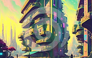 Sci-fi fantasy city, cyberpunk buildings illustration. Neon Colors. Ai generated