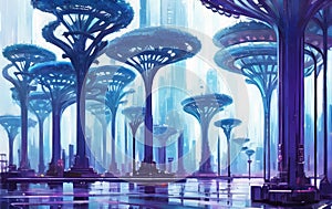 Sci-fi fantasy city, cyberpunk buildings illustration. Neon Colors. Ai generated