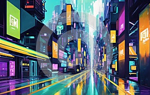 Sci-fi fantasy city, cyberpunk buildings illustration. Neon Colors. Ai generated