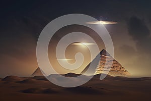 UFO above pyramids in desert during night time. Generative AI