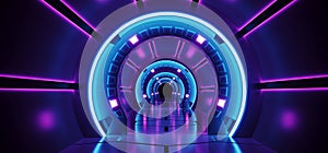 Sci-Fi Futuristic Abstract Gradient Blue Purple Pink Neon Glowing Circle Round Corridor On Reflection Concrete Floor Dark