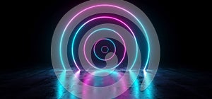 Sci-Fi Futuristic Abstract Gradient Blue Purple Pink Neon Glowing Circle Round Shape Tubes On Reflection Concrete Floor Dark