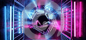 Sci Fi Futuristic Alien Vibrant Neon Glowing Purple And Blue Tube Lights On Metal Rectangle Structures In Dark Empty Grunge