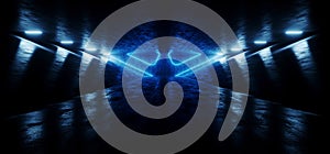 Sci Fi Futuristic Beam Alien Spaceship Space Neon Glowing Laser Concrete Cement Vertical Blue Light Vibrant Dark Garage