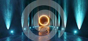 Sci Fi Futuristic Circle Background Orange Blue Neon Light Big Huge Dark Empty Grunge Concrete Long Hall Gallery Room Tunnel