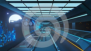 Sci fi futuristic city tunnel with light, interior and exterior view.