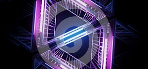 Sci FI Futuristic Elegant Alien Modern Hi Tech Neon Glowing Purple Pink Blue Triangle Metal Structure Corridor Tunnel Grunge