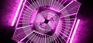 Sci FI Futuristic Elegant Alien Modern Hi Tech Neon Glowing Purple Pink Triangle Metal Structure Corridor Tunnel Grunge Concrete