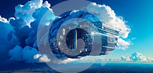 Science fiction future hi-tech cloud computing cyberpunk neon background Generative AI