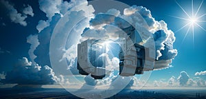 Generative AI Glowing Cloud icon technology concept, exploded panel with cloud services and data protection,