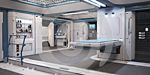 Sci fi futuristic interior of a medical bay with treatment bed and various healthcare equipment and medicines  .