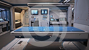 Sci fi futuristic interior of a medical bay with treatment bed and various healthcare equipment and medicines  .