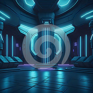 Sci Fi Futuristic Metal Structure Room Neon Laser Electric Glowing Blue Purple Lights Stage Podium Empty Showroom Space Generative