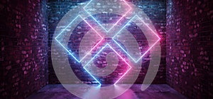 Sci Fi Futuristic Retro Modern Elegant Abstract Rectangle Crossed Neon Shapes Glowing Purple Blue Pink On Grunge Brick Wall Club