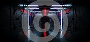Sci Fi Futuristic Shaped Alien Spaceship Metal Structure Hangar Garage Tunnel Corridor Blue Red Led Lights Glossyl Floor Empty
