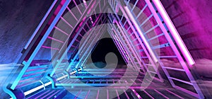 Sci Fi Futuristic Smoke Fog Neon Glowing Purple Blue Triangle Shaped Tunnel Corridor With Metal Structures And Dark End Vibrant